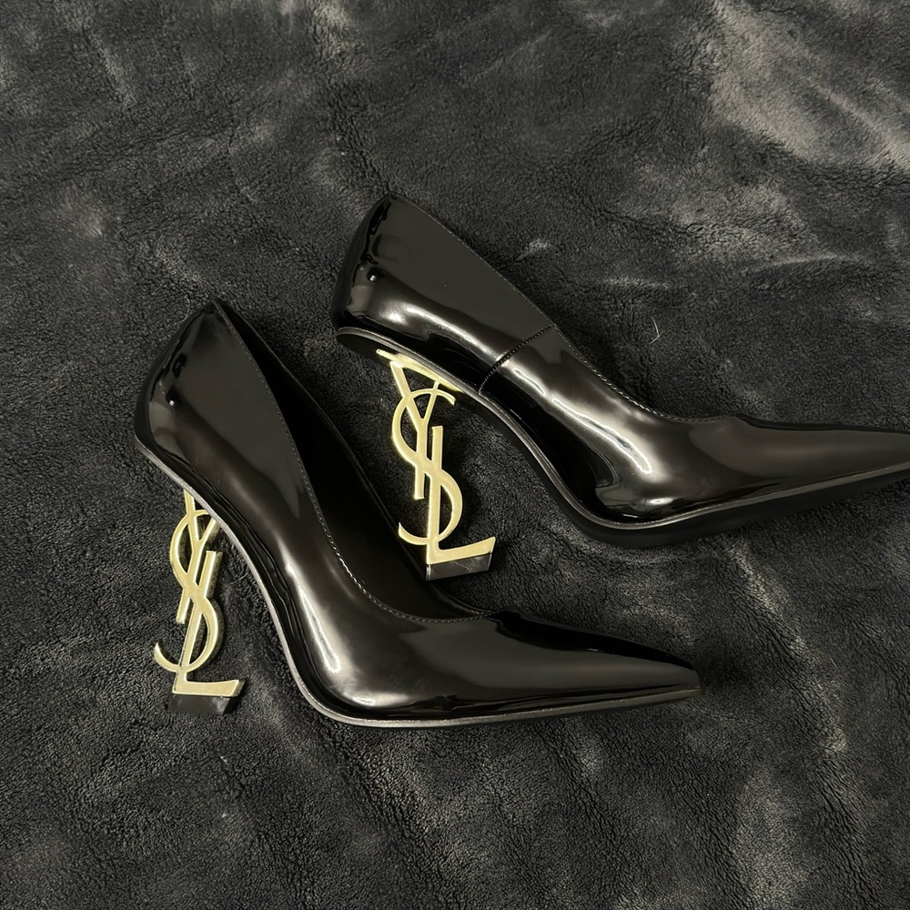 Saint Laurent Black Patent YSL Logo Sculptural Heel Pumps